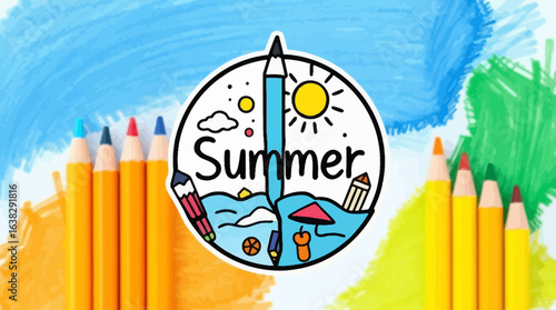 Colorful pencils surround a "Summer" themed illustration with beach, sun, and pencil elements.