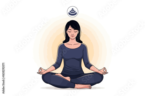 Meditation in Tranquility: A woman is practicing meditation, with her eyes closed, she focuses on finding inner peace, the gentle illustration portrays a sense of serenity and mindfulness.