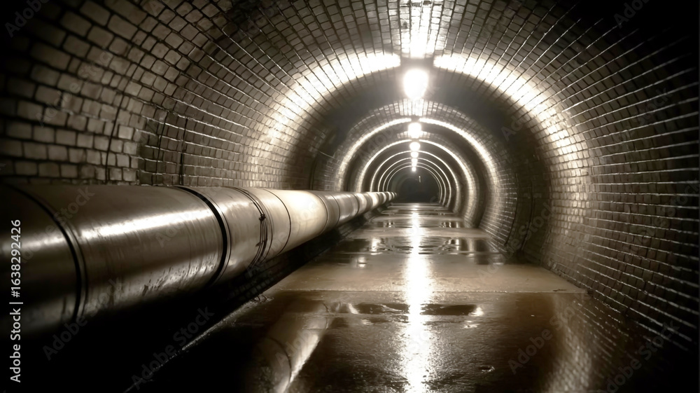 A dark underground tunnel with curved brick walls creating an archway pattern A dark underground tunnel with curved brick walls creating an archway pattern