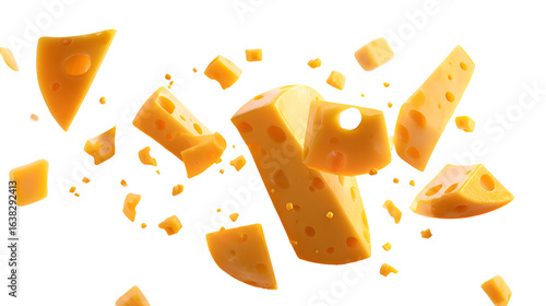 Yellow cheese pieces falling on black background