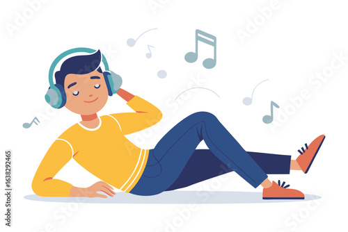 Serene Soundscapes: A young individual, immersed in a world of melodies, lies back, listening to music through headphones, and finding solace in the tunes that surround him.