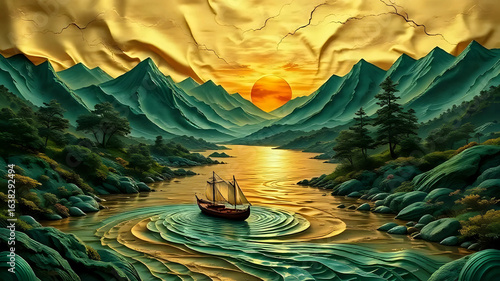 Sunset Landscape in Gold,wall decor 