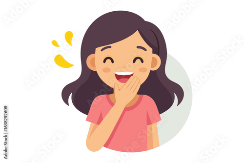 Joyful Laugh: a woman smiles with genuine happiness. Laughing with hand on mouth, conveying a lighthearted expression, full of glee.