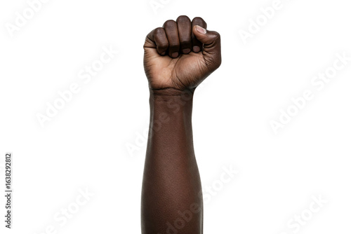 Raised Dark-Skinned Fist: A Close-Up of an Arm Extending Upward with a Clenched Fist, Isolated on a White Background, Symbolizing Strength