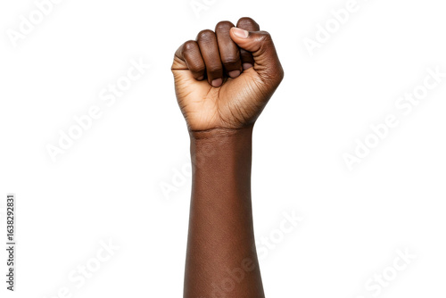 Raised Dark-Skinned Fist: A Close-Up of an Arm Extending Upward with a Clenched Fist, Isolated on a White Background, Symbolizing Strength