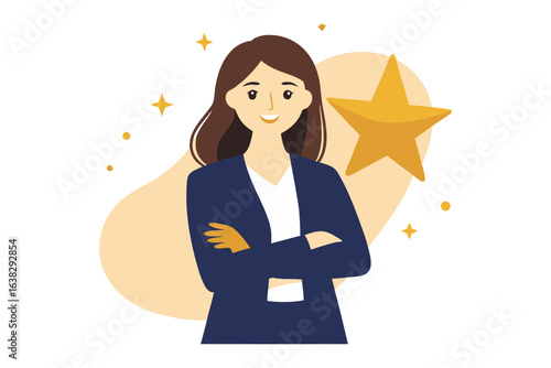 Businesswoman with Star: A determined businesswoman stands confidently, radiating success and achievement, complemented by a shining star symbol representing recognition and excellence.