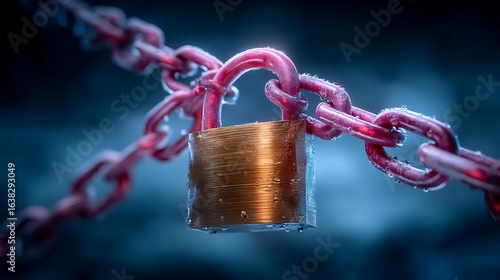 Frozen Padlock Chain Security Winter Concept.