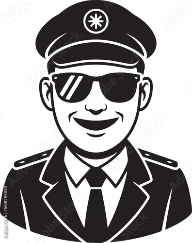 Smiling Navy Officer Wearing Sunglasses Black Silhouette Vector