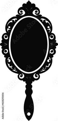 Intricate gothic oval hand mirror silhouette isolated on transparent background