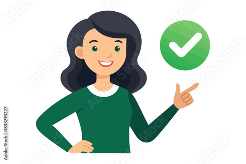 Confident Woman and Check Mark: A self-assured woman, radiating positivity, points towards a vibrant check mark, symbolizing validation and agreement.