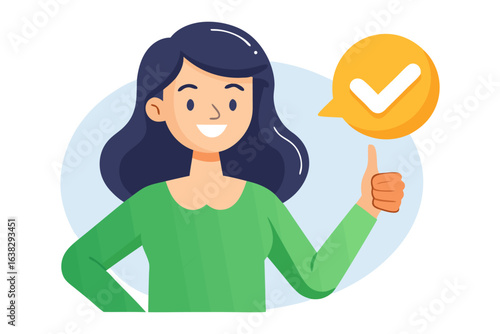 Approval and Confidence: A cheerful illustration of a woman confidently giving a thumbs-up, accompanied by a checkmark symbol within a speech bubble, conveying a sense of affirmation and positivity.
