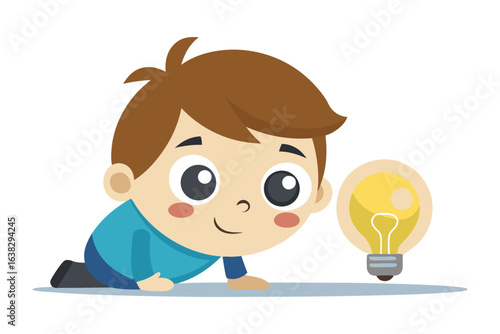 Idea Spark: A cheerful child gazes intently at a radiant lightbulb, symbolizing inspiration and the genesis of creative thoughts. Capturing wonder, insight and the dawn of innovation.