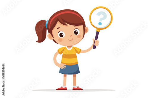 Curious girl holding question mark : A cheerful little girl gazes inquisitively at the viewer, holding a magnifying glass with a vibrant question mark, inviting curiosity and exploration.