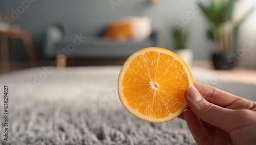 A close-up of an orange slice being held by a hand, with its vibrant orange color and juicy texture highlighted against a soft gray carpet in a modern living room setting. 