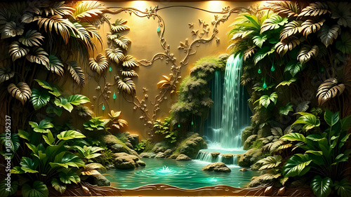 Fototapeta Naklejka Na Ścianę i Meble -  3D embossed  wall art depicting a serene waterfall in a tropical jungle, wall decor.