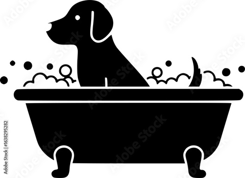 Dog Bath Time Icon: A simple yet expressive black and white icon depicting a dog inside a bathtub, symbolizing cleanliness, grooming, and pet care.