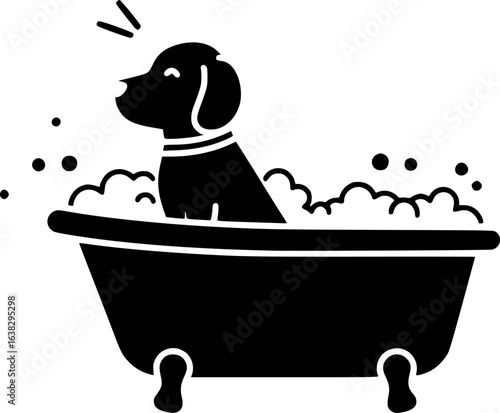 Dog Bath Time Icon: A simple yet expressive black and white icon depicting a dog inside a bathtub, symbolizing cleanliness, grooming, and pet care.