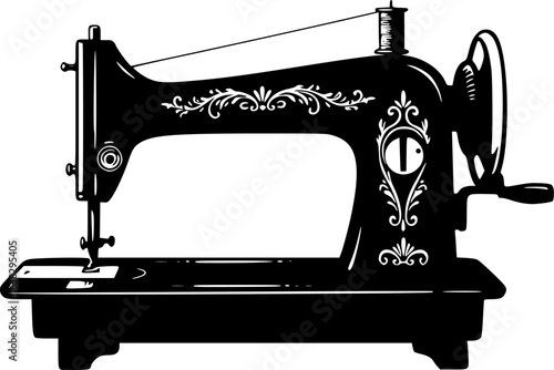 Vintage Sewing Machine Icon: A sleek, black and white artistic illustration of a vintage sewing machine, a symbol of traditional craft, textile artistry, and timeless creativity. 