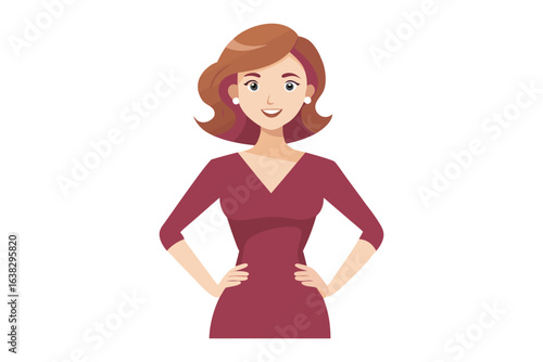 Confident Woman: Depicting a poised woman in elegant attire, hands confidently placed on hips, radiating self-assurance and grace. Capturing the spirit of empowered femininity.