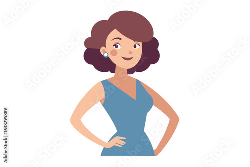 Confident Woman in Blue Dress: A graceful woman, with her hands confidently placed on her hips, radiates self-assurance and poise in a sophisticated blue dress, her hair gently framing her face. 