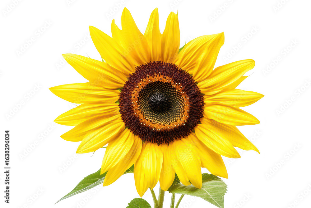 Fototapeta premium Vibrant yellow sunflower with dark center and green leaves isolated on transparent background