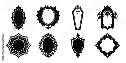 Gothic ornate frames and coffin silhouette isolated on white background