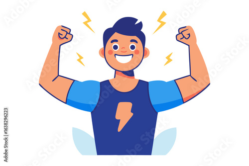 Power and Confidence: A stylized illustration showcases a strong individual, embodying vitality and self-assurance with electrical sparks.