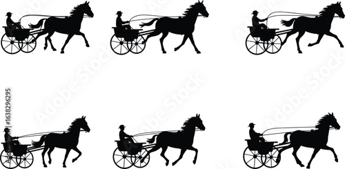 PrintHorse carriage silhouette, vintage transport, horse cart vector, retro wagon illustration, driver with reins, traditional ride, equestrian vehicle icon set