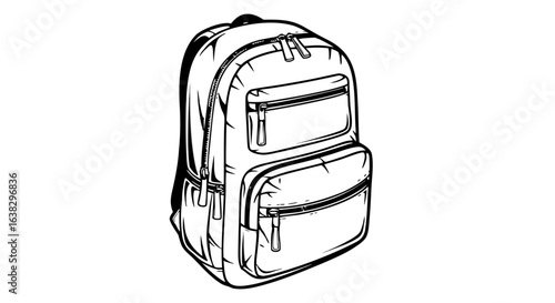 Stylized line art sketch of a modern backpack with multiple zippered compartments and straps on a stark black background