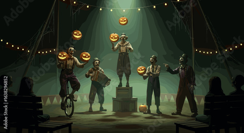 Creepy halloween circus performance featuring clowns juggling jack o lanterns under a tent with spooky lighting and an audience watching