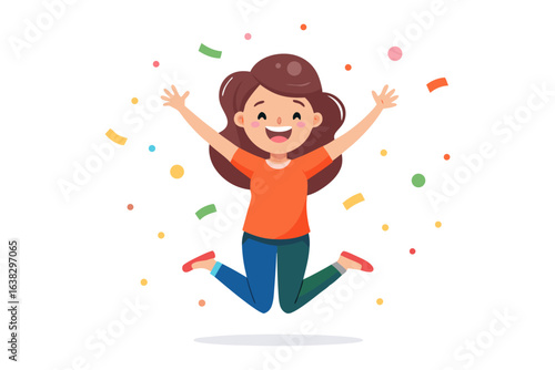 Joyful Leap: An animated girl's cheerful jump amidst a shower of confetti, capturing the essence of pure delight and celebration.