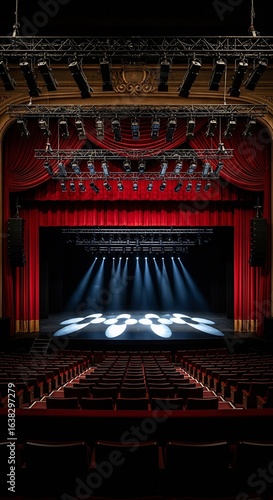 Illuminated stage with red curtains and empty seats in a classic theater hall
