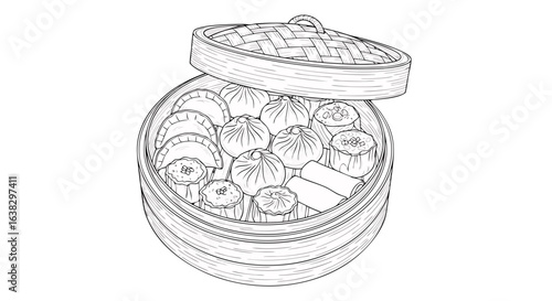 A detailed black and white line drawing illustration of a traditional bamboo steamer filled with various delicious dim sum dumplings and buns on a black background