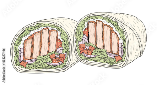 Deliciously illustrated chicken wraps filled with fresh lettuce tomatoes and red onion presented on a stark black background for a clean visual