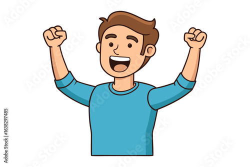 Joyful Man's Triumph: An illustration capturing the unbridled exuberance of a man celebrating a significant achievement with raised arms and a beaming smile.