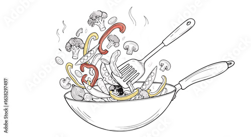 Whimsical hand drawn illustration of a wok filled with colorful vegetables and a spatula suggesting a healthy and delicious stir fry meal preparation