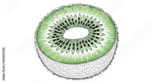 A vibrant detailed illustration of a sliced kiwi fruit showcasing its green flesh black seeds and fuzzy brown skin against a stark black background
