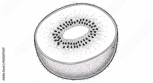 Detailed black and white line art illustration of a sliced kiwi fruit showing its fuzzy brown skin and vibrant green flesh with tiny black seeds