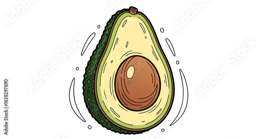 A vibrant hand drawn illustration of a ripe avocado cut in half showcasing its creamy green flesh and large brown seed against a stark black background