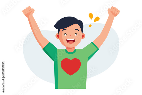 Joyful Celebration Illustration: A vector graphic illustrates a happy young person in the middle of a spirited celebration, arms raised high, radiating positivity and exuberance.