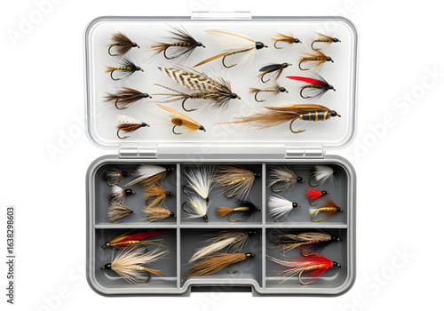 Fly fishing flies in box multi color png on transparent background