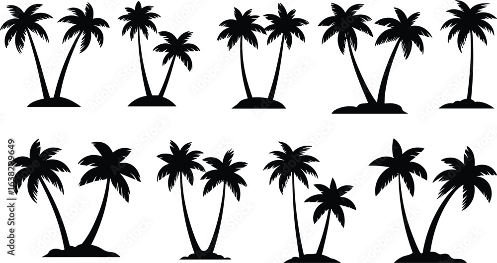 Obraz premium PrintSilhouette palm tree icons, tropical beach elements, black palm illustrations, vacation design assets, exotic tree symbols, summer nature clipart