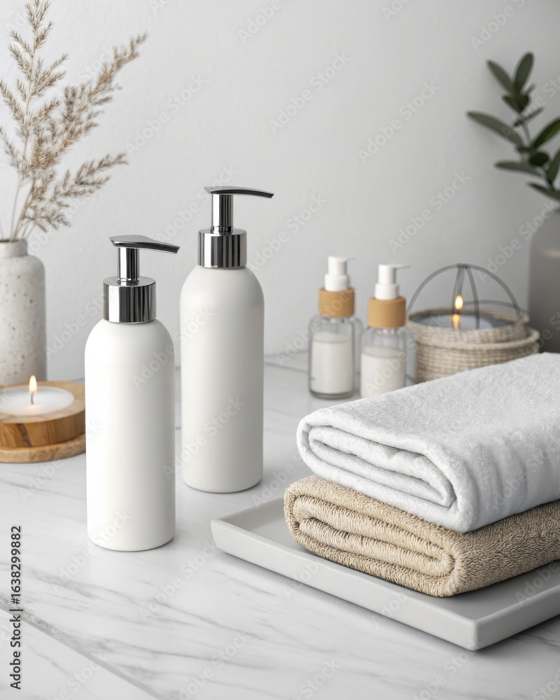 White dispensers and folded towels on marble pump chrome White dispensers and folded towels on marble pump chrome
