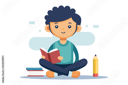 Reading and Learning: An illustration depicts a young student absorbed in a book, a pencil nearby, against a simple backdrop that speaks of the pursuit of knowledge and the joys of literacy.