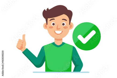 Thumbs Up Illustration: A cheerful person with a thumbs-up, paired with a green checkmark, signifying approval and satisfaction. Capturing the essence of positivity.