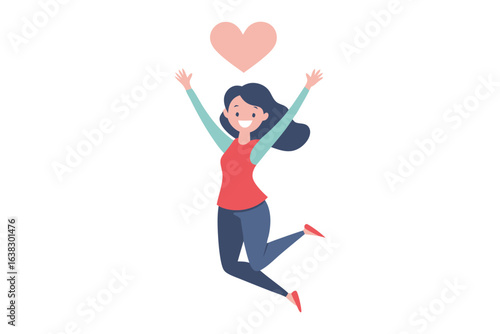 Joyful Expression of Love: A girl leaps for joy, arms raised to a floating heart, showcasing an illustration that is the essence of pure bliss and affectionate happiness.