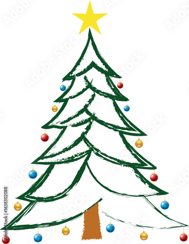 Christmas Tree Vector on white. Red Christmas Tree Painted illustration. Sketch, drawn or painted artistic illustration of a x mas tree. Ribbon Christmas Stylish Tree. Vector can be to any size.