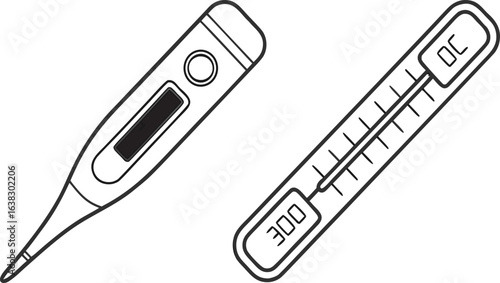 Illustration of two thermometers one digital and one mercury style indicating temperature readings