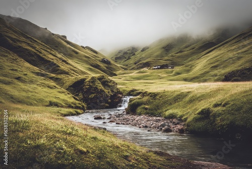 Wallpaper Mural Misty valley with a stream winding through lush green hills Torontodigital.ca