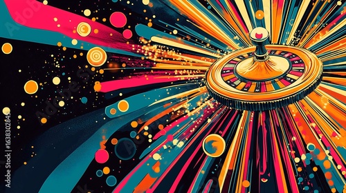 A vibrant, colorful roulette wheel surrounded by dynamic rays and playful circles, evoking excitement and chance.